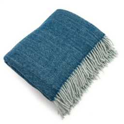 Turquoise Herringbone Wool Throw - Large Recycled Blanket - 185x152 cm - thumbnail 2