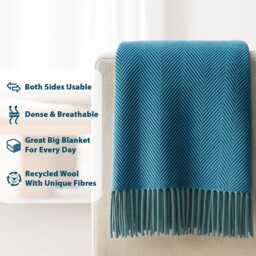 Turquoise Herringbone Wool Throw - Large Recycled Blanket - 185x152 cm - thumbnail 3