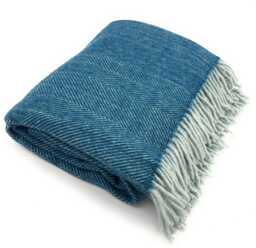 Turquoise Herringbone Wool Throw - Large Recycled Blanket - 185x152 cm - thumbnail 1