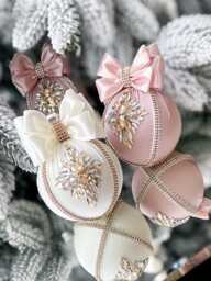 Blush Pink Rhinestone Bauble Ivory Holiday Ornament 3.15