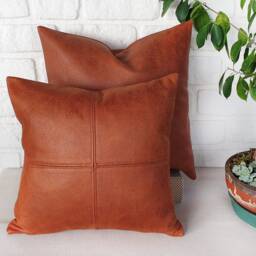 Terracotta Vegan Leather Pillow Cover Modern Zen Decorative Stitched Cushion - thumbnail 3
