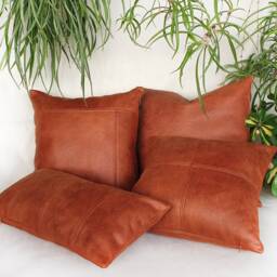 Terracotta Vegan Leather Pillow Cover Modern Zen Decorative Stitched Cushion - thumbnail 2