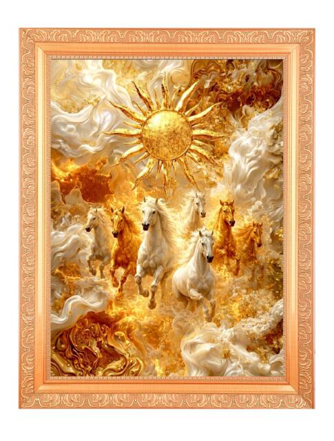 Vastu Horses & Peacocks Art Print in Golden Wall Frame - 11x14 Inches 2 Designs - image 1