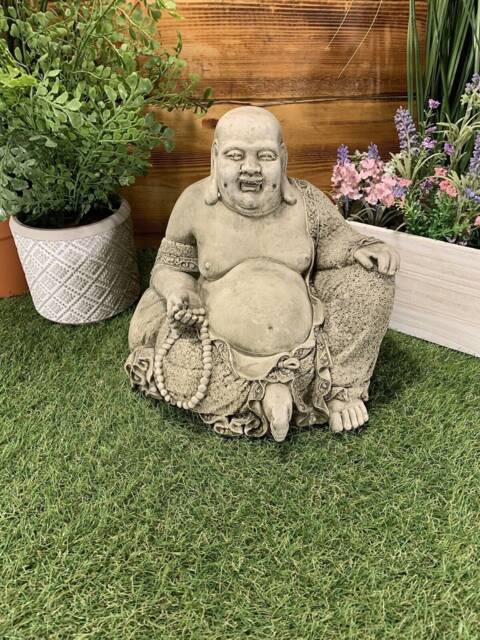 Stone Garden Laughing Buddha Sitting Down Statue Ornament - image 1