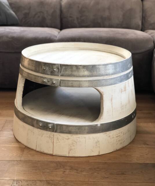 Wine Barrel Coffee Table With Shelf, Round Corners, Shabby White - image 1