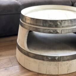 Wine Barrel Coffee Table With Shelf, Round Corners, Shabby White - thumbnail 3