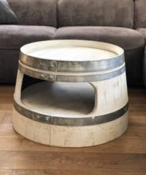 Wine Barrel Coffee Table With Shelf, Round Corners, Shabby White