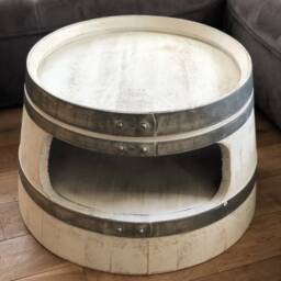Wine Barrel Coffee Table With Shelf, Round Corners, Shabby White - thumbnail 2