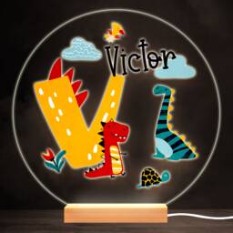 Dinosaur Alphabet Letter V Colourful Round Personalised Gift Lamp Night Light - Bedroom