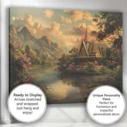 Peaceful Thai Temple Mountain Lake Sunset Landscape Canvas Wall Art Print Decor Picture Ready To Hang - thumbnail 3