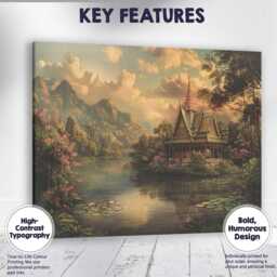 Peaceful Thai Temple Mountain Lake Sunset Landscape Canvas Wall Art Print Decor Picture Ready To Hang - thumbnail 1