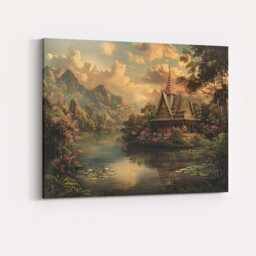 Peaceful Thai Temple Mountain Lake Sunset Landscape Canvas Wall Art Print Decor Picture Ready To Hang - thumbnail 4