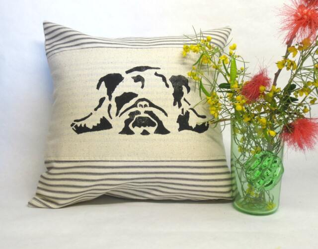 Hand Block Print English Bulldog Pillow Ticking Stripe Throw Pillow - image 1