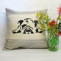 Hand Block Print English Bulldog Pillow Ticking Stripe Throw Pillow - thumbnail 2