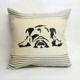 Hand Block Print English Bulldog Pillow Ticking Stripe Throw Pillow - thumbnail 3