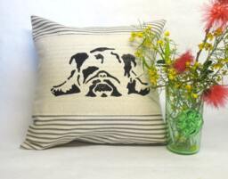 Hand Block Print English Bulldog Pillow Ticking Stripe Throw Pillow - thumbnail 1