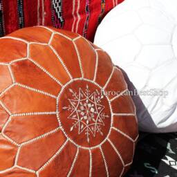 Set Of 2 Handmade Moroccan Leather Poufs, White Tan Boho Floor Cushion - thumbnail 2