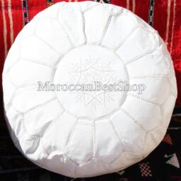 Set Of 2 Handmade Moroccan Leather Poufs, White Tan Boho Floor Cushion - thumbnail 4
