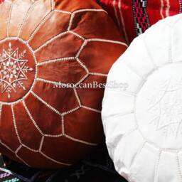 Set Of 2 Handmade Moroccan Leather Poufs, White Tan Boho Floor Cushion - thumbnail 3
