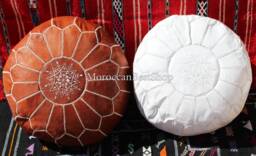 Set Of 2 Handmade Moroccan Leather Poufs, White Tan Boho Floor Cushion
