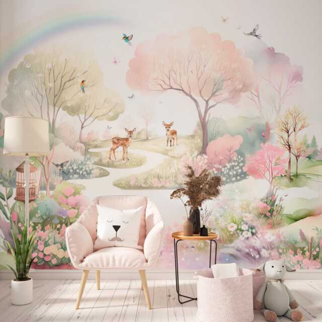 Fairy Forest Wallpaper Mural - Baby Girl Room Wall Decor Pastel Woodland Animals Peel & Stick Nursery Art - image 1