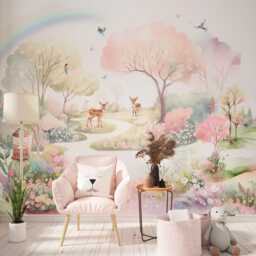 Fairy Forest Wallpaper Mural - Baby Girl Room Wall Decor Pastel Woodland Animals Peel & Stick Nursery Art