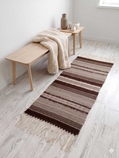 Handwoven Wool Runner Rug Earthy Stripes, Geometric Pattern, Natural Undyed Fibers - image 1