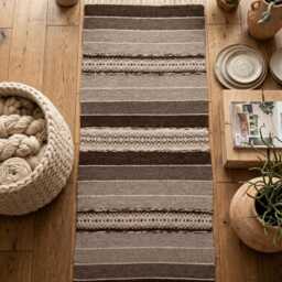 Handwoven Wool Runner Rug Earthy Stripes, Geometric Pattern, Natural Undyed Fibers - thumbnail 4
