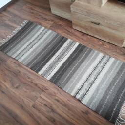 Handwoven Wool Runner Rug Earthy Stripes, Geometric Pattern, Natural Undyed Fibers - thumbnail 2