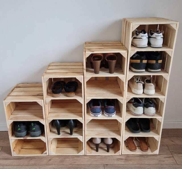 Wooden Crate Shoe Rack Natural Vintage Style Storage Shelves - image 1