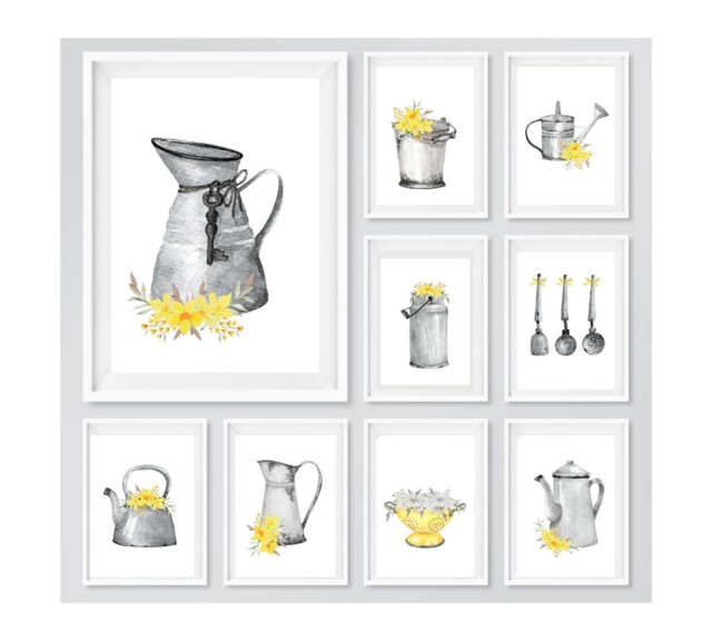 Kitchen Prints, Wall Art, Yellow Floral & Grey Print, Jug Flower Decor, Pictures - image 1