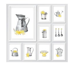 Kitchen Prints, Wall Art, Yellow Floral & Grey Print, Jug Flower Decor, Pictures - thumbnail 1