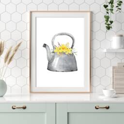 Kitchen Prints, Wall Art, Yellow Floral & Grey Print, Jug Flower Decor, Pictures - thumbnail 3