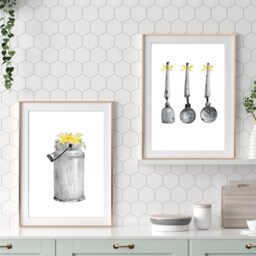 Kitchen Prints, Wall Art, Yellow Floral & Grey Print, Jug Flower Decor, Pictures - thumbnail 2