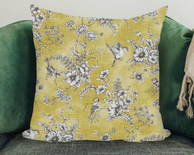 Handmade Bird Cushion Cover Yellow Floral Print, Country Home Decor - image 1