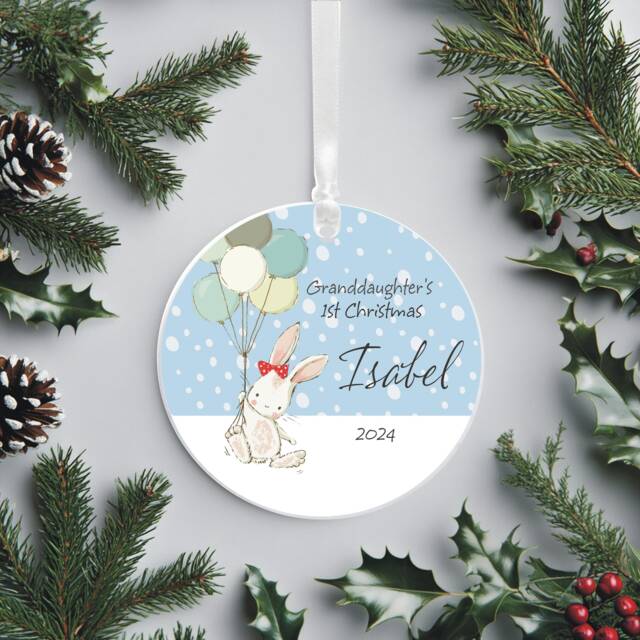 Granddaughter's First Christmas Tree Decoration - Personalised Cute Bunny Round Holiday Ornament Ceramic Keepsake Xmas - image 1