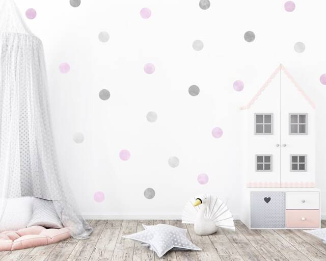 Grey & Pink/Lavender Watercolour Polka Dot Wall Stickers, Neutral Decals, Soft Colour Nursery Kids Playroom Decor - image 1