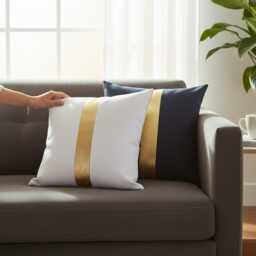Gold Faux Leather Color Block Pillow Cover - Modern Scandinavian Design - thumbnail 4