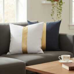 Gold Faux Leather Color Block Pillow Cover - Modern Scandinavian Design - thumbnail 2