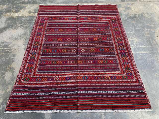 Handwoven Afghan Kilim Rug 4x6 Red Wool Tribal Carpet - image 1