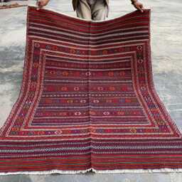 Handwoven Afghan Kilim Rug 4x6 Red Wool Tribal Carpet - thumbnail 4