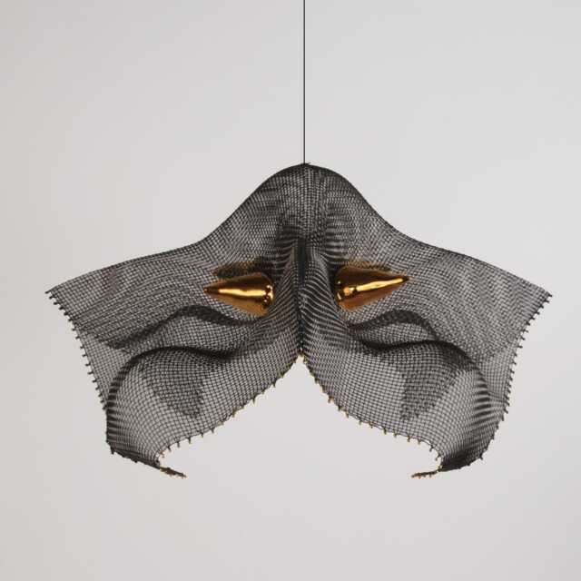 steel Wire Mesh Hanging Sculpture, Real Gold Glazed Ceramic, Abstract Art - image 1