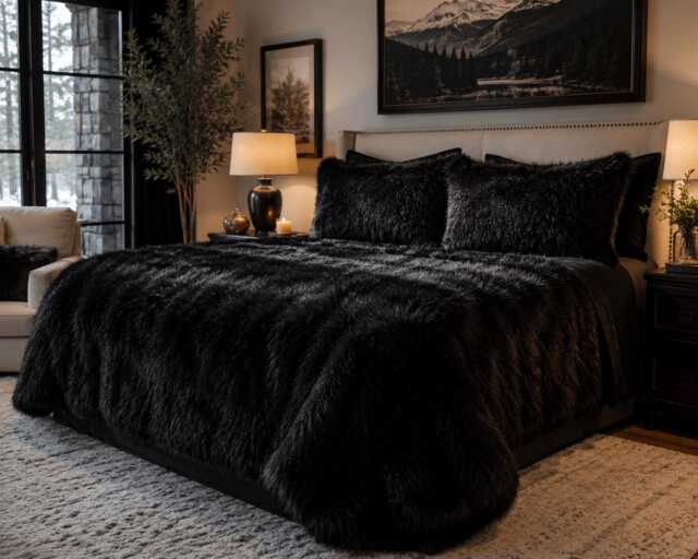 Fur Accents Faux Fur Bedspread/Comforter Throw Blanket Black Shaggy Mink - image 1