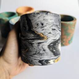Bold Marbled Jesmonite Pot Black, White Mustard Swirl, Handmade Modern Decor - thumbnail 2