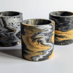 Bold Marbled Jesmonite Pot Black, White Mustard Swirl, Handmade Modern Decor - thumbnail 1