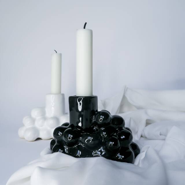 Black Or White Ceramic Candle Holder With Balls, Hand-Made, Stoneware Ceramics