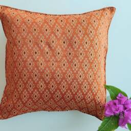 Orange Metallic Cushion Cover Handmade Thai Boho Pillow, 18 Inch - thumbnail 2