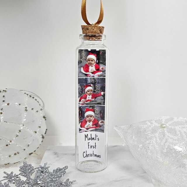 Christmas Photo Bauble, Babies First Decoration, Personalised Bottle, Forever Keepsake, Festive Family Gift - image 1