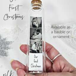 Christmas Photo Bauble, Babies First Decoration, Personalised Bottle, Forever Keepsake, Festive Family Gift - thumbnail 3