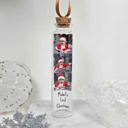 Christmas Photo Bauble, Babies First Decoration, Personalised Bottle, Forever Keepsake, Festive Family Gift - thumbnail 1